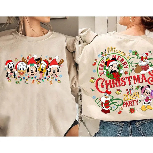 2-Sided Very Merry Christmas Party 2024 Sweatshirt Tshirt, Santa Mouse And Friends Group Christmas Lights Shirt