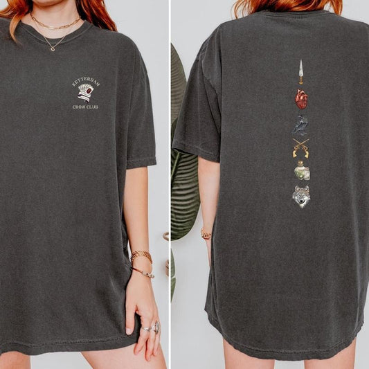 2 Sided, Six of Crows back print tshirt, No mourners No funerals, Ketterdam Crow Club oversized shirt, Kaz, Inej Ghafa, Nina