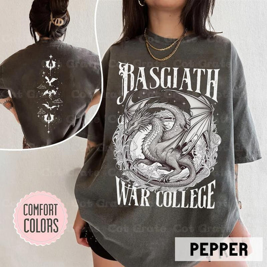 2 Slide Design, Basgiath War College 2-Sided Pattern T-Shirt - Vintage Dragon Rider Tee, Bookish Fourth Wing Sweatshirt, Fantasy Inspired Apparel
