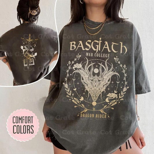 2 Slide Design, Basgiath War College 2-Sided Tee - Fourth Wing Dragon Rider T-Shirt - Dual-Design Fantasy Academy