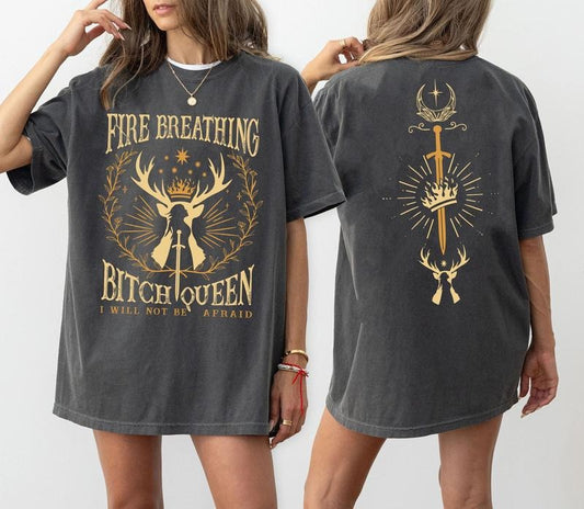 2 Slide Design, Two Sided Fireheart Queen Aelin Comfort Colors Shirt, Throne Of Glass Washed T-shirt, She Will Not Be Afraid, Bookish Shirt, Book Lover Gift