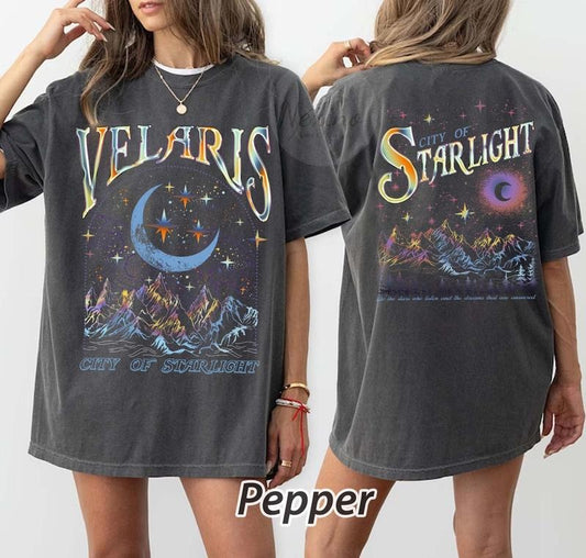 2 Slide Design, Velaris City Of Starlight ACOTAR Two-Sided tshirt, The Night Court Shirt, Court of Dreams, Rhysand, Cassian, Sarah J Maas, Booklover Tee