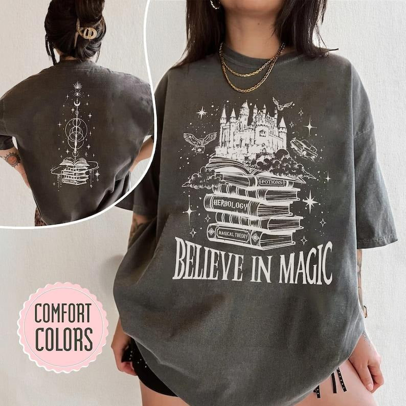 2 Slide Design,Wizard Castle Book T-Shirt - HP Inspired T-Shirt, Believe In Magic Shirt, Wizarding World Tee, Bookish Gift for Fans