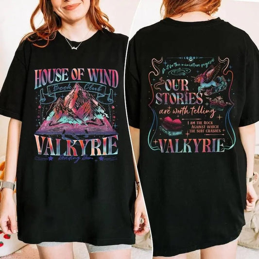 2 Slides, Acotar House of Wind Book Club  Tshirt, Climb the Mountain tshirt, Valkyrie Reading Room, Valkyrie Acotar Prythian Night Court Cotton Crewneck Shortsleeve Basic