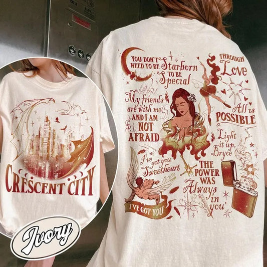 2 Slides, Crescent City T Shirts, Lunathion Crescent City Shirt, Light It Up Crescent City, Bookworm Shirt,  Bookish Shirt Casual Cotton  Womenswear