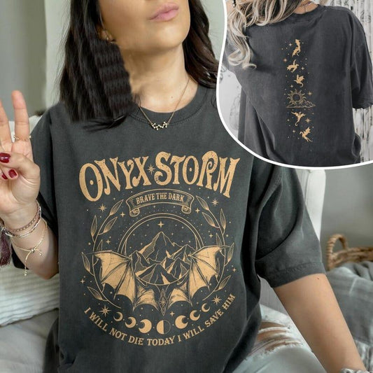 2 Slides, Fourth Wing Series T-Shirt, Onyx Storm Shirts, Violence Brave The Dark, Gift for Book Lovers, Dragon Rider Merch Basic Casual Womenswear