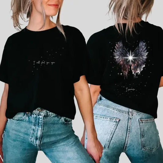 2 Slides, Hunt's Promise "I will find you again. I promise" Crescent City  Tshirt, from Sarah J Maas' Crescent City series, Womenswear Shortsleeve Crewneck Cotton Casual Top Fit