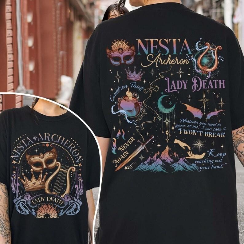 2 Slides, Nesta Archeron Lady Death T-Shirt, Nesta Archeron Merch, Acotar Merch, a Court of Silver Flames Gift, Cauldron Blessed Shirt