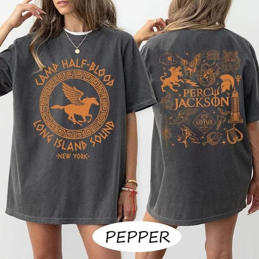 2 Slides, Percy Jackson Doodle Art Shirt, Camp Half Blood Shirt, Heroes Of Olympus tshirt, Camp Jupiter Shirt, Book Lover Gift, Bookish Shirt Cotton Crewneck