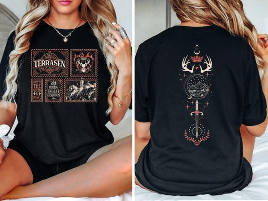 2 Slides, Terrasen House Aelin Galathynius Shirt, Throne Of Glass, SJM Merch, Fireheart To Whatever End tshirt, ACOTAR, Rowan Whitethorn, CC Merch Cotton Crewneck Basic