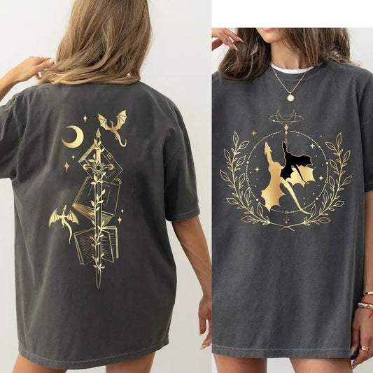 2 slides, Basgiath T-Shirt, Dragon Rider, Violet Sorrengail, Xaden Riorson, Riders Quadrant Fantasy Reader Tee