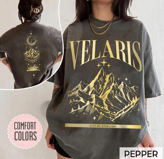 2 slides, SJM Velaris T-shirt, Gold print, Original Design, Velaris shirt,City of Starlight, The Night Court,sjm merch, city of starlight