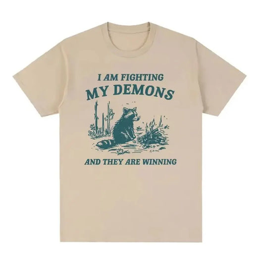 2006Fighting My Demons Raccoon Meme T Shirts Funny Men Women Fashion Harajuku Retro T-shirt Tops Casual Cotton Oversized Tshirt, vintage unisex