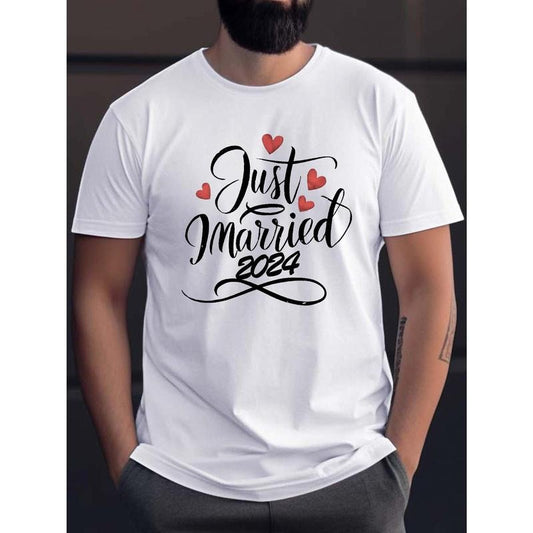 2024 Just Married Printed Men's Crew Neck Short-Sleeved Breathable T-Shirt, Casual Comfortable Top for Everyday Wear Made in USA