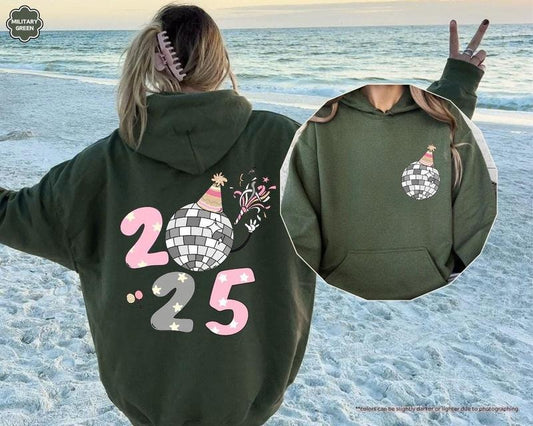 2025 Disco Ball Hoodie, Happy New Year Sweatshirt, Pink Party Sweater for Women - Pullover, Fabric