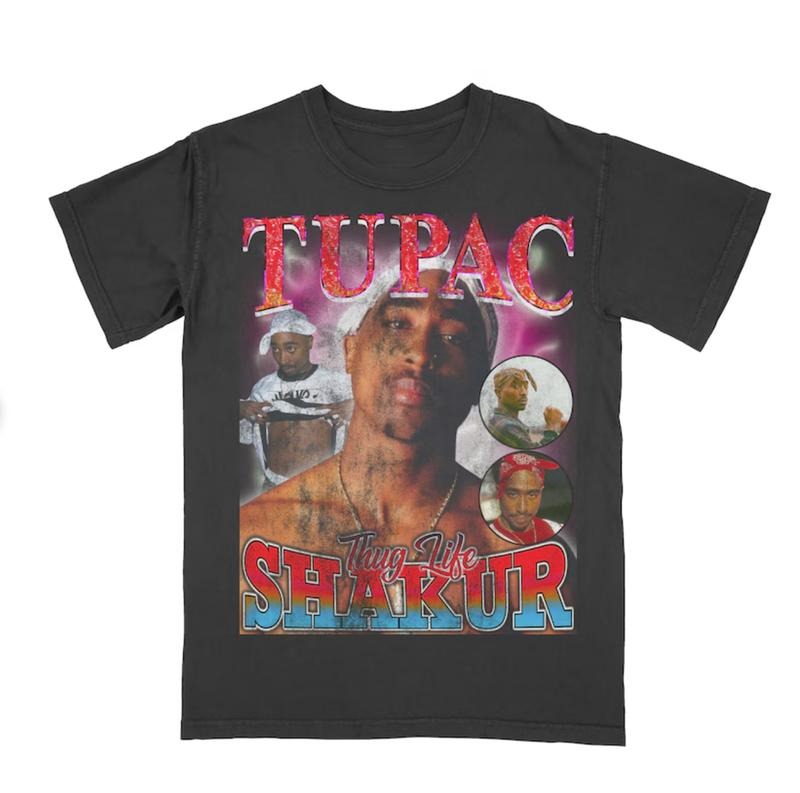 2Pac Vintage Jumbo Print T Shirt Menswear Top Underwear Man Tshirt Streetwear Tropical Shortsleeve Bestie Crewneck Round Neck