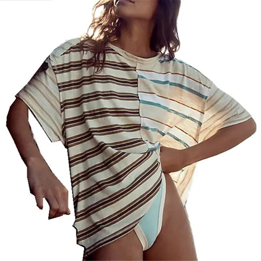 Women Summer 3/4 Sleeve Tops Loose Fit Color Block Stripes Crewneck Oversized Tee Shirt Trendy Basic Going Out Blouse
