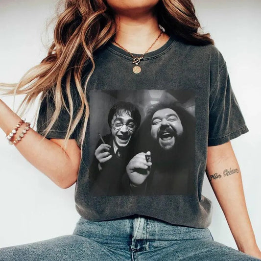 420 Joint from Harry and Hagrid T-Shirt, Humorous Hogwarts Print Graphic Tee Menswear Streetwear Man Casual Shortsleeve Crewneck Tshirt Tops