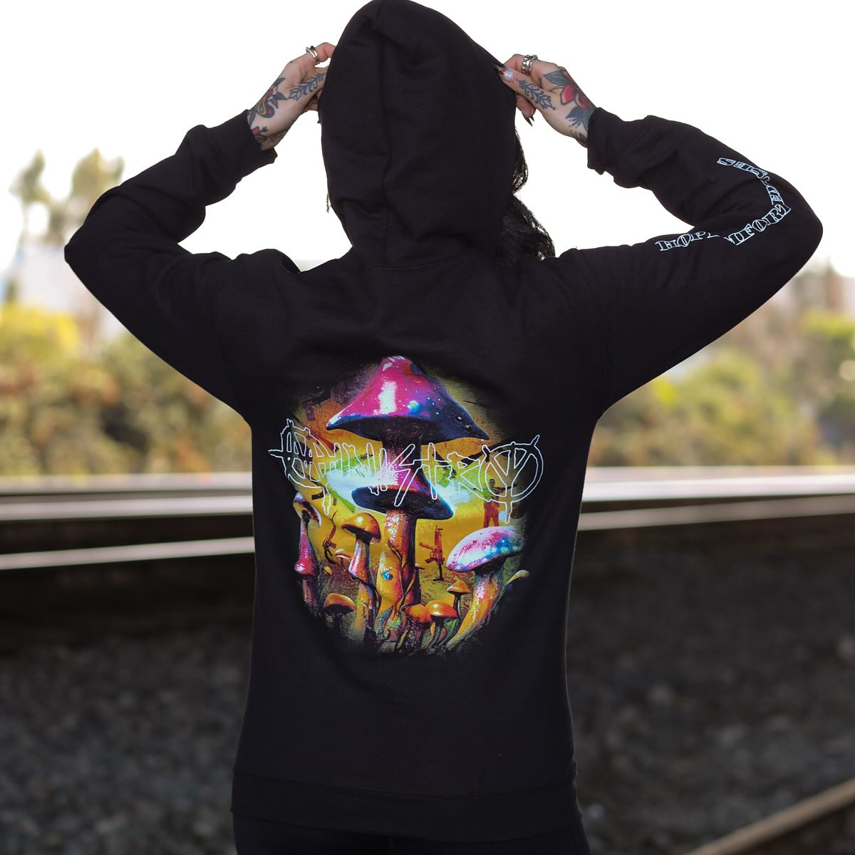 HOPIUM Mushroom Zip Up Hoodie (Black) T-Shirts, Sweatshirt | CoreVibeTees.com (Image 3)