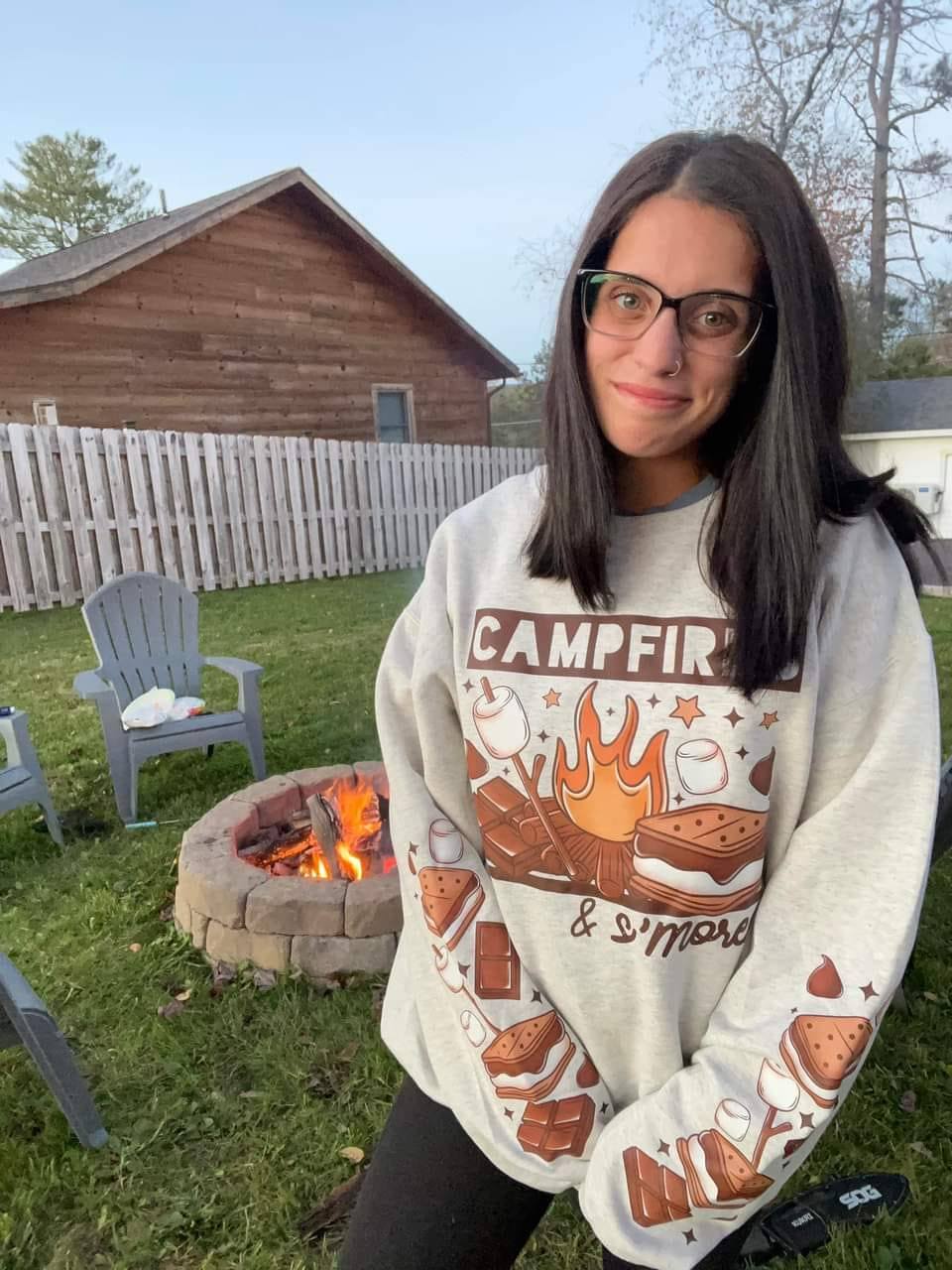 CAMPFIRE & SMORES SWEATSHIRT W/ SLEEVE PRINT T-Shirts, Hoodie | CoreVibeTees.com (Image 1)