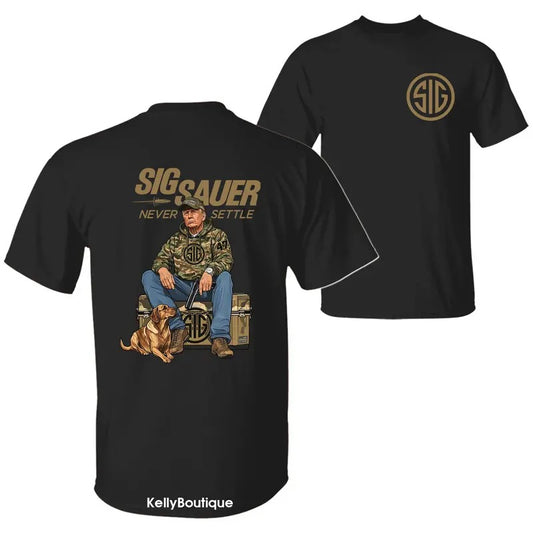47th President Trump Holding a SIG Sauer Never Settle Camo Hunting Season Graphic 2 Sided Crewneck Unisex Cotton T-shirt for Women for Men