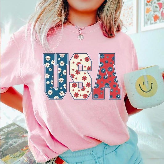 4th of July Floral Shirt, USA Floral Flowers Shirt, Independence Day Sweatshirt, Floral USA Shirt, American Flag Flower T-Shirt, Floral Plaid USA Shirt