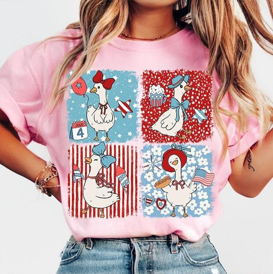 4th of July Goose Patriotic America Coquette Memorial Funny Floral T-Shirt