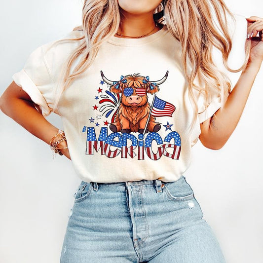 4th of July Highland Cow Tshirt, Glitter 4th of July Tshirt, American Flag Shirt, Cute USA Shirt, Graphic Tee For Women, For Mom