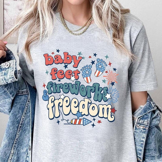 4th of July Maternity Shirt Baby Feet Fireworks and Freedom Pregnancy Reveal Tee Patriotic Mom To Be 100% Cotton