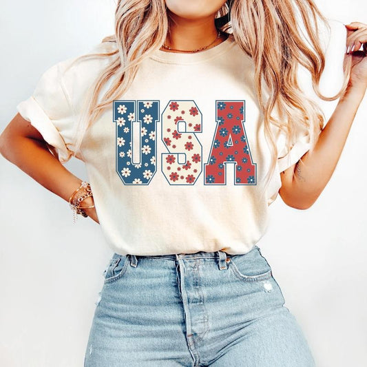 4th of July Shirt - USA Floral Flowers Shirt - Independence Day Women Tee, America Retro Shirt, USA Flag, Comfort Colors T Shirt