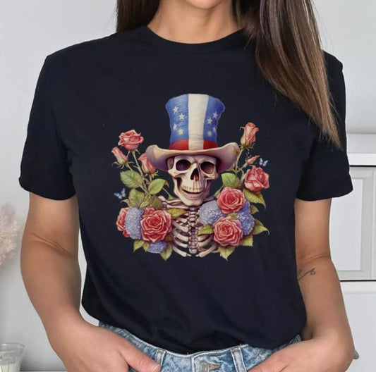 4th of July Skeleton Flower T Shirt Independence Day USA Graphic Tee S-3XL