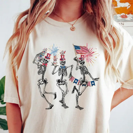 4th of July Skellies, 4th of July Shirts, Dancing Skeleton Shirt, American Flag Shirt, 4th of July, Stars and Stripes Shirt, Red White Blue Cotton Fabric