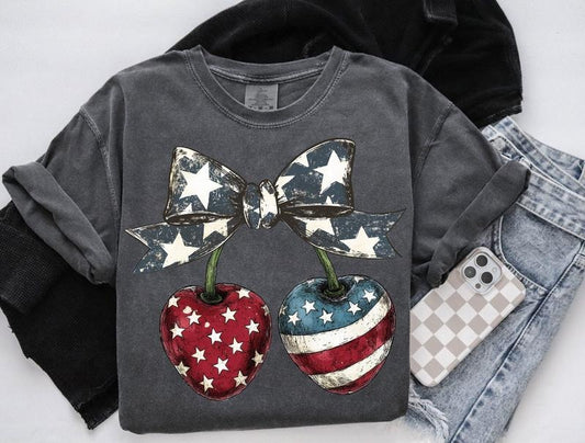 4th of july Cherry tee, Trendy 4th of july tshirt, Red and blue Bow, 4th of july tee, Retro Usa Fourth Of July tshirt, Aesthetic 4th of july