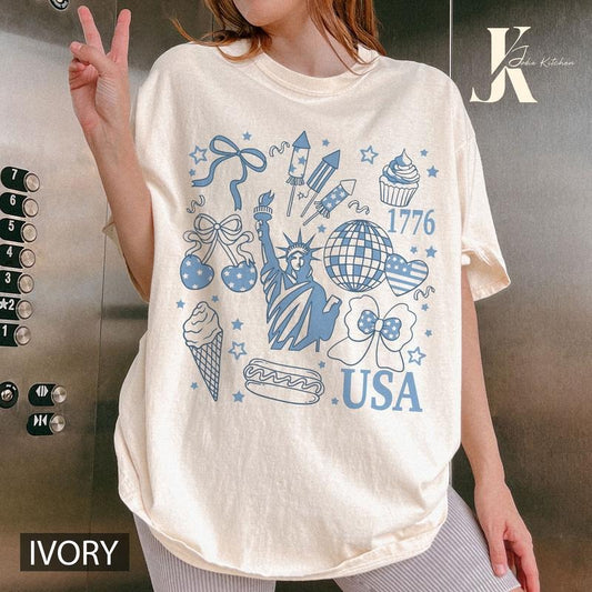 4th of july shirt, Retro America Coquette Shirt, Preppy 4th of July T-Shirt, Girly Memorial Day , Vintage USA , Independence Day , Land of the Free Top Womenswear