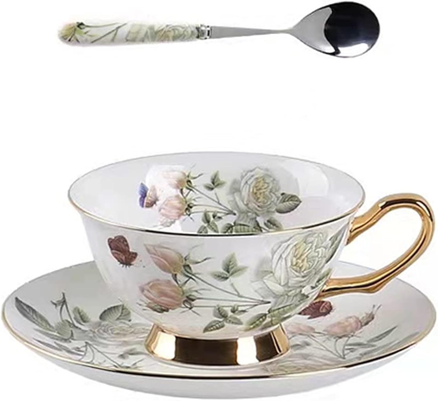 Honorable Coffee Cup Mug, Cappuccino, Tea Cup, with Saucer for Latte, Fine Bone Porcelain, Reactive Glaze, 6.8 Oz-1pcs (Elegant White Roses)