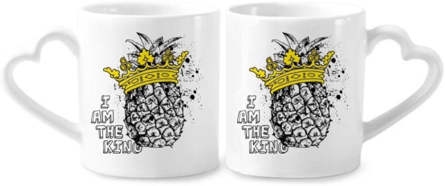 Pineapple Line Drawing Fruit King Couple Porcelain Mug Set Ceramic Lover Cup Heart Handle