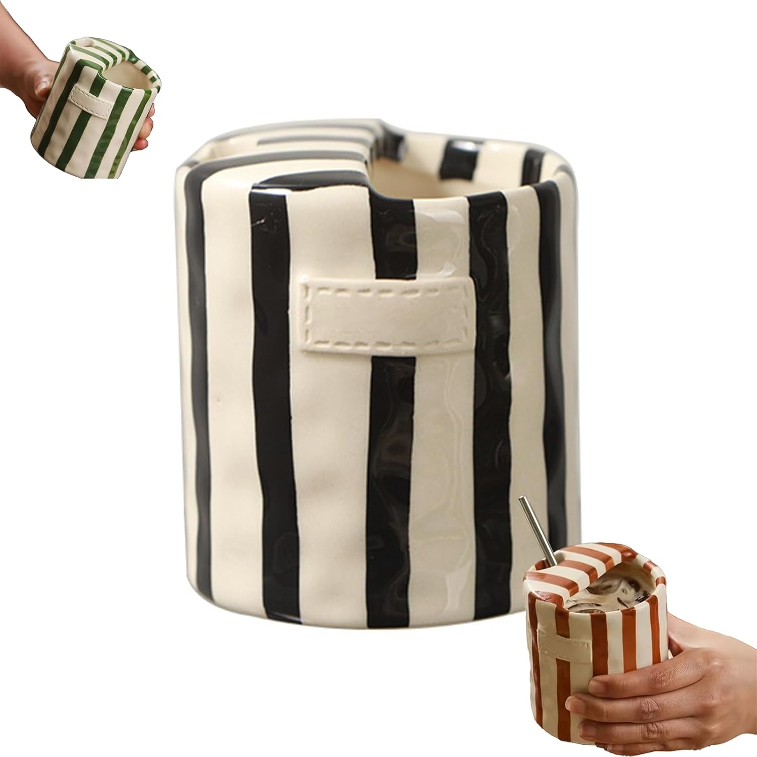 Novelty Coffee Mug Espresso Cups 10oz Ceramic Coffee Mugs Porcelain Coffee Cup Hand-Painted Striped Art With Sip Hole for Coffee Tea Heat-Resistant Non-Slip Mug(Black)
