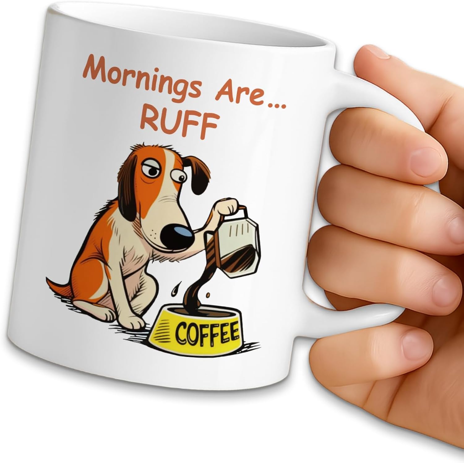 Funny Dog Coffee Mug, Mornings are Ruff, 11oz Ceramic Double Sided Print Coffee Tea Cup, Humor Office Gifts for Women Men Dog Lovers, Christmas Birthday Gifts for Employee Colleague Friend