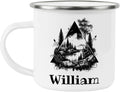 William Adventure Awaits Custom Name Enamel Campfire Mug, Mountain Camping Coffee Cup, Nature Outdoor Personalized - White - One size