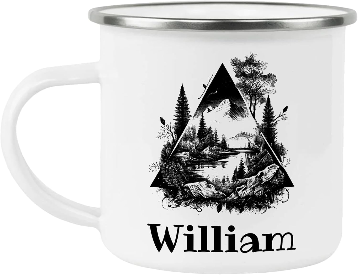 William Adventure Awaits Custom Name Enamel Campfire Mug, Mountain Camping Coffee Cup, Nature Outdoor Personalized - White - One size