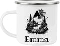 Emma Adventure Awaits Custom Name Enamel Campfire Mug, Mountain Camping Coffee Cup, Nature Outdoor Personalized - White
