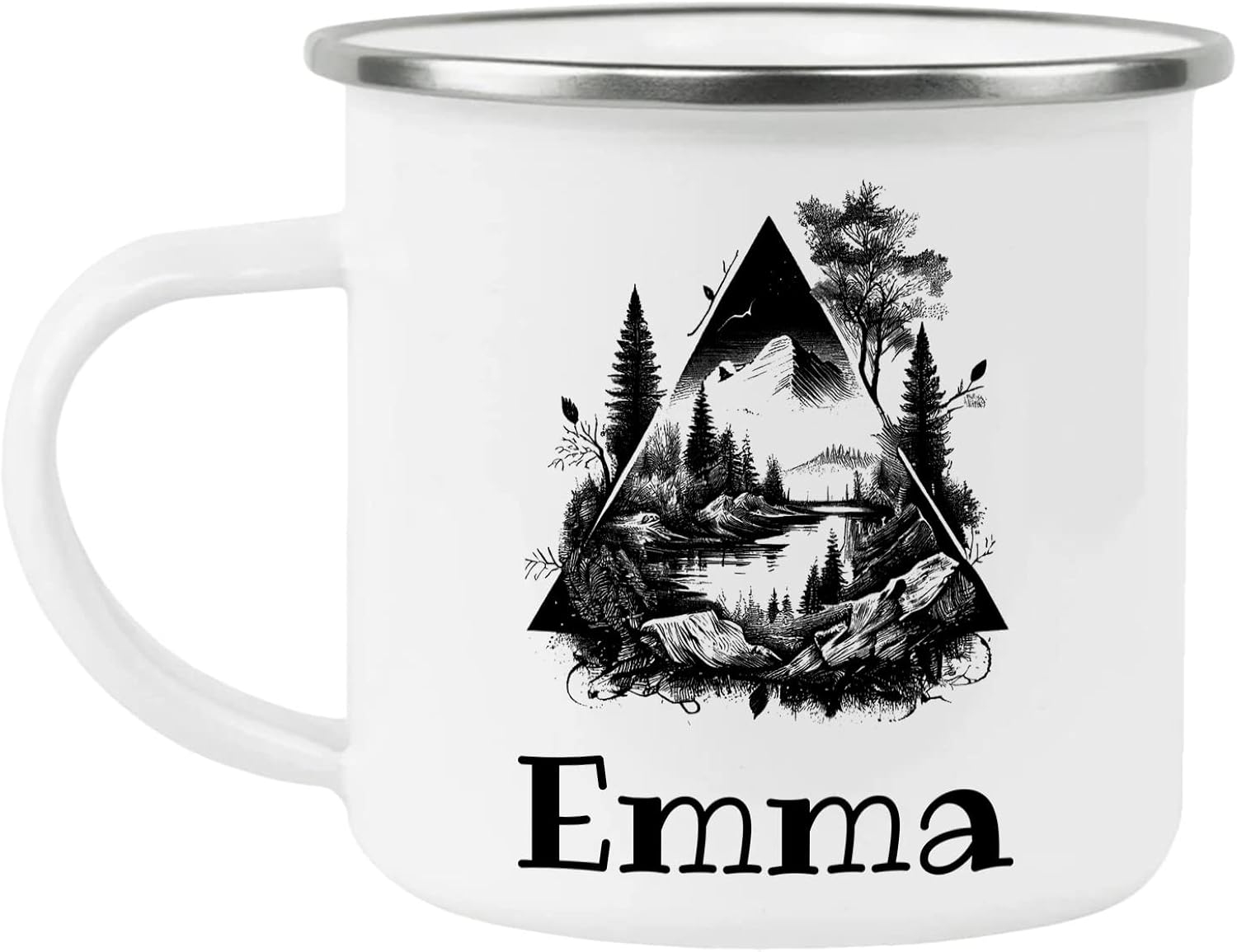 Emma Adventure Awaits Custom Name Enamel Campfire Mug, Mountain Camping Coffee Cup, Nature Outdoor Personalized - White