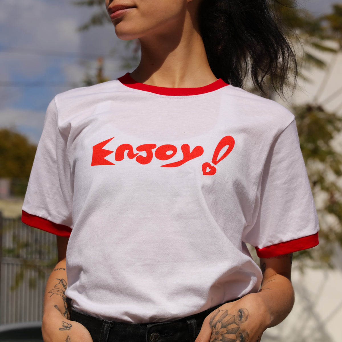 Enjoy! Ringer Tee (White/Red) Hoodie, Sweatshirt | CoreVibeTees.com (Image 2)