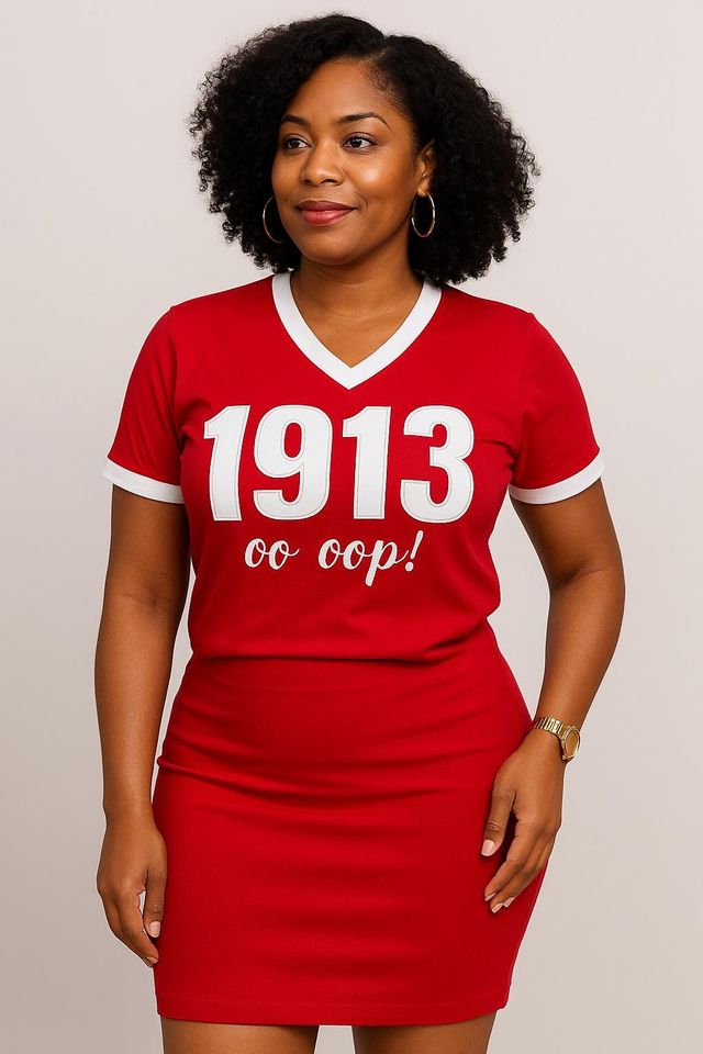 Delta Sigma Theta Embroidered V-Neck T-Shirt: Red & White DST Sorority Tee