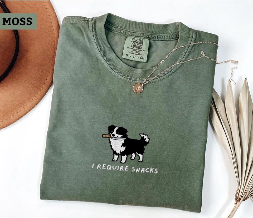 I Require Snacks, Embroidered Border Collie Shirt, Funny Dog T-Shirt, Minimalist Tee, Comfort Colors Shirt