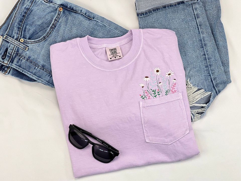 Orchid Comfort Colors Embroidered Tshirt, Spring Tee, Wildflower Pocket Shirt, Embroidered Flower Shirt, Flower Pocket Shirt, Gift for her