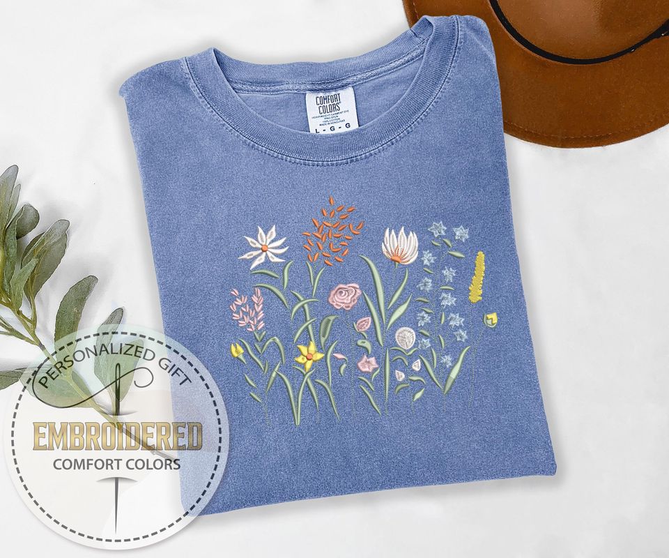 Embroidery Flowers Shirt, Botanical Tee, Floral Tshirt, Wildflowers Tee, Gift For Gardener, Comfort Colors Tshirt, Embroidered Garden Lover