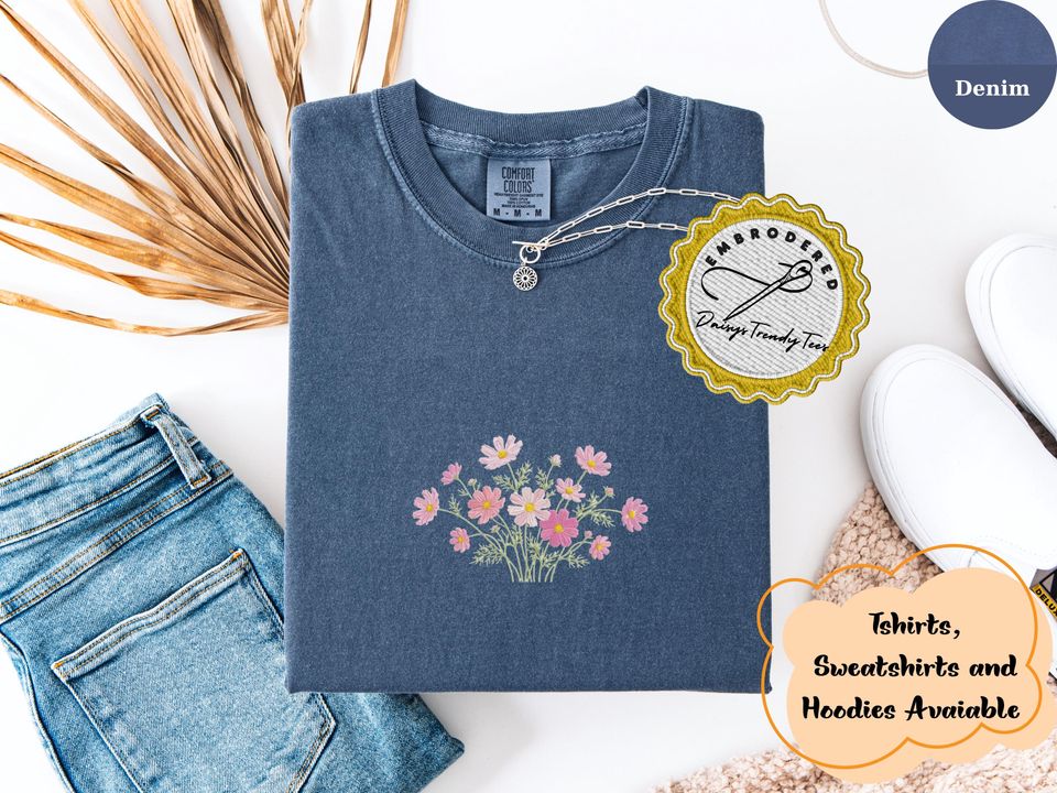 Embroidered crewneck wildflower pocket t-shirt, Embroidered flower shirt, Spring clothing, Floral tee, Comfort Colors tshirt