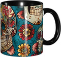 Cute Coffee Mugs with Sugar Skulls Print Printing Chinese Coffee Mug Ceramic Tea Mugs with Handle, 11 oz, Black