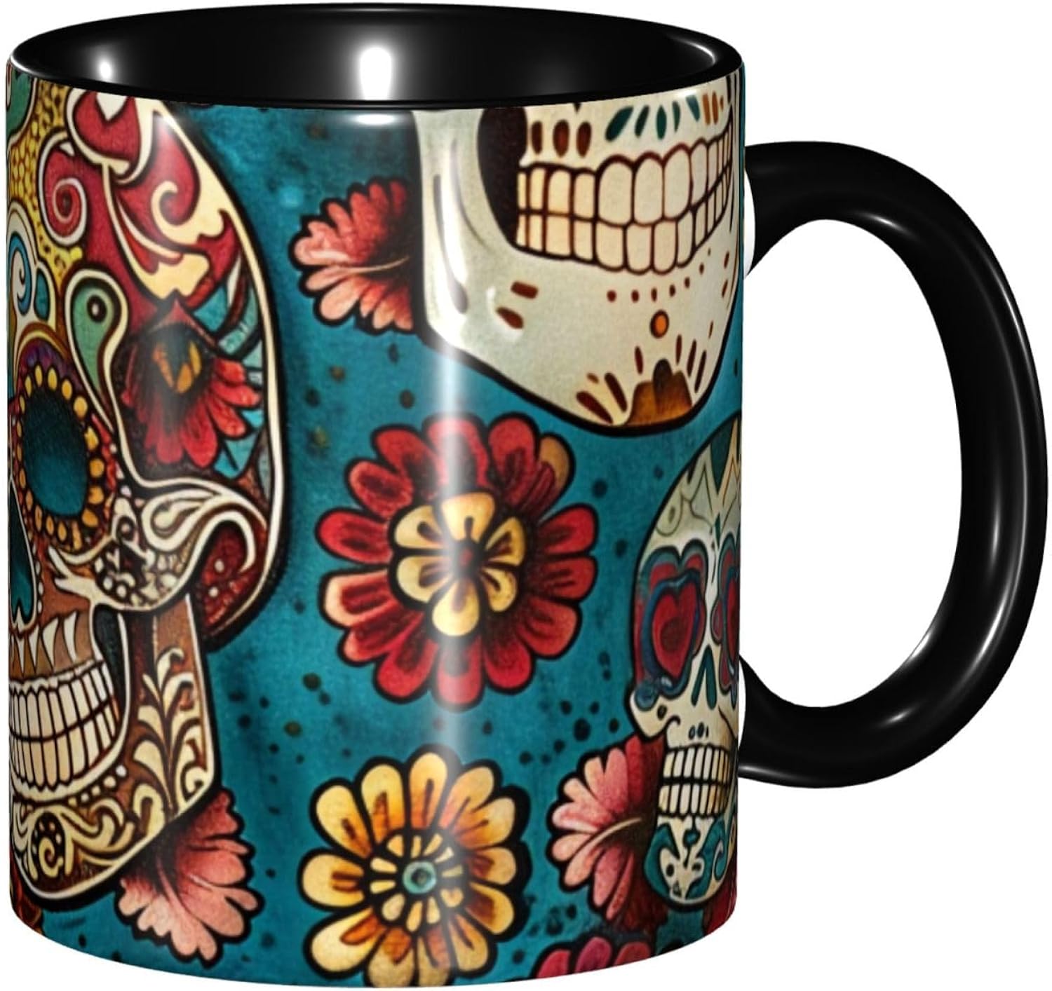 Cute Coffee Mugs with Sugar Skulls Print Printing Chinese Coffee Mug Ceramic Tea Mugs with Handle, 11 oz, Black